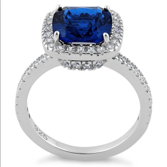 925 STERLING SILVER Cushion Cut Blue Spinel & Cubic Zirconia Halo Ring - Picture 15 of 16